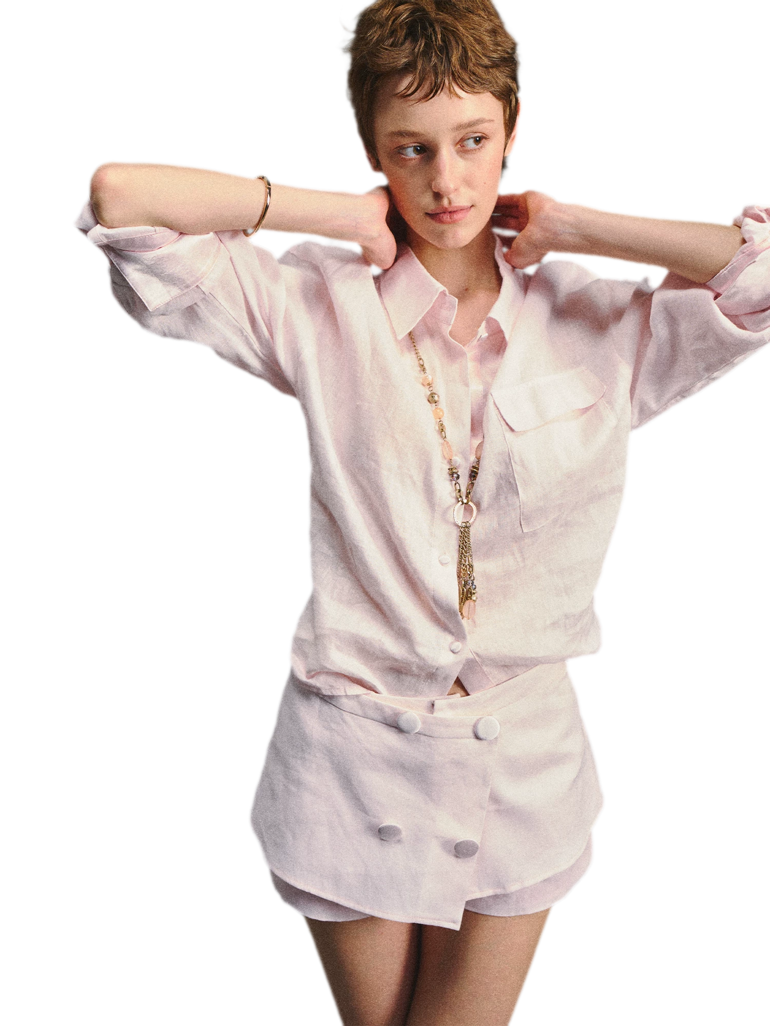 Linen Satin Waist-Cinched Shirt &amp; Skirt Set