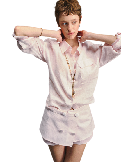 Linen Satin Waist-Cinched Shirt &amp; Skirt Set