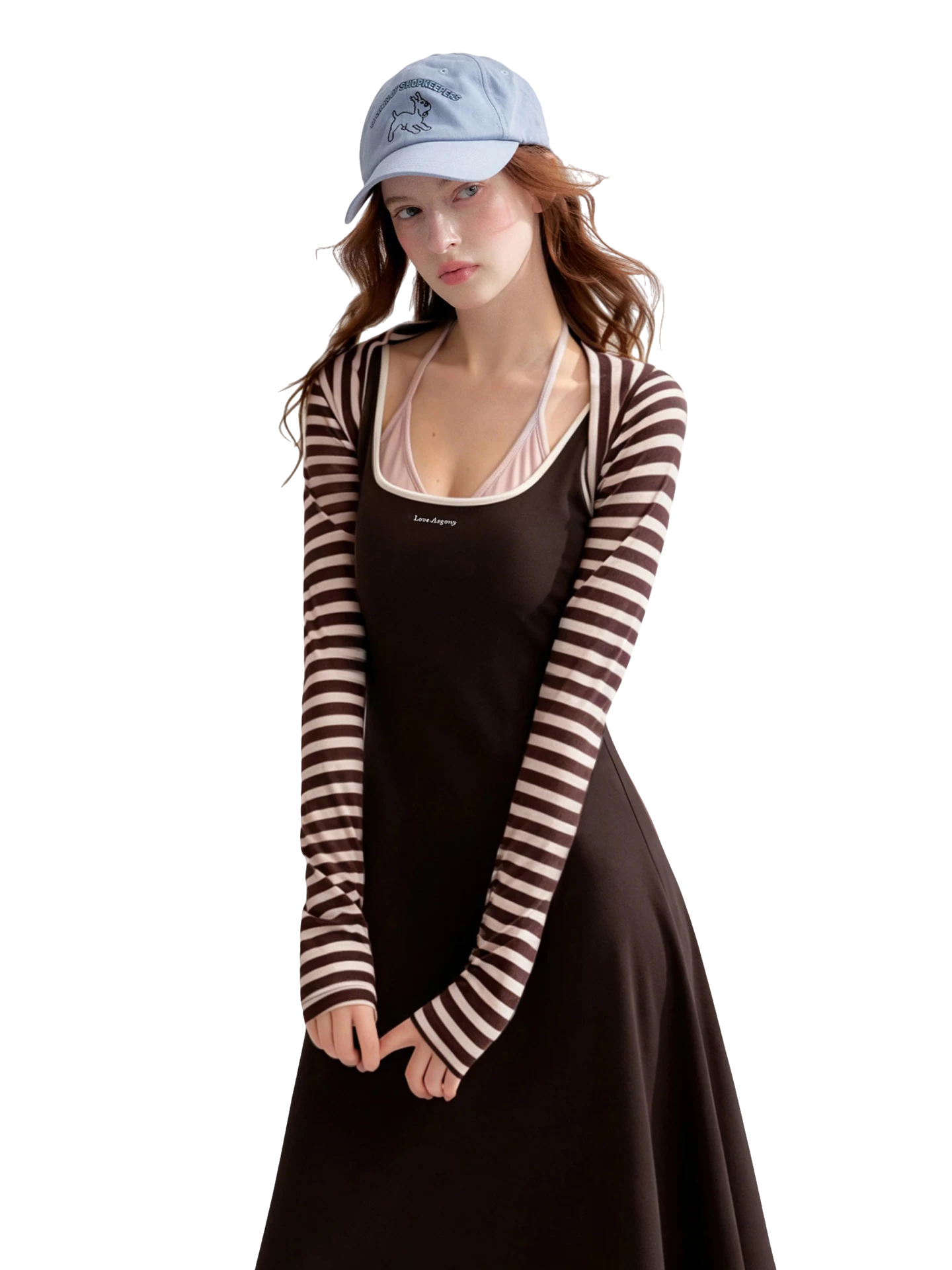 Contrast Color U-Neck Halter Knit Long Dress