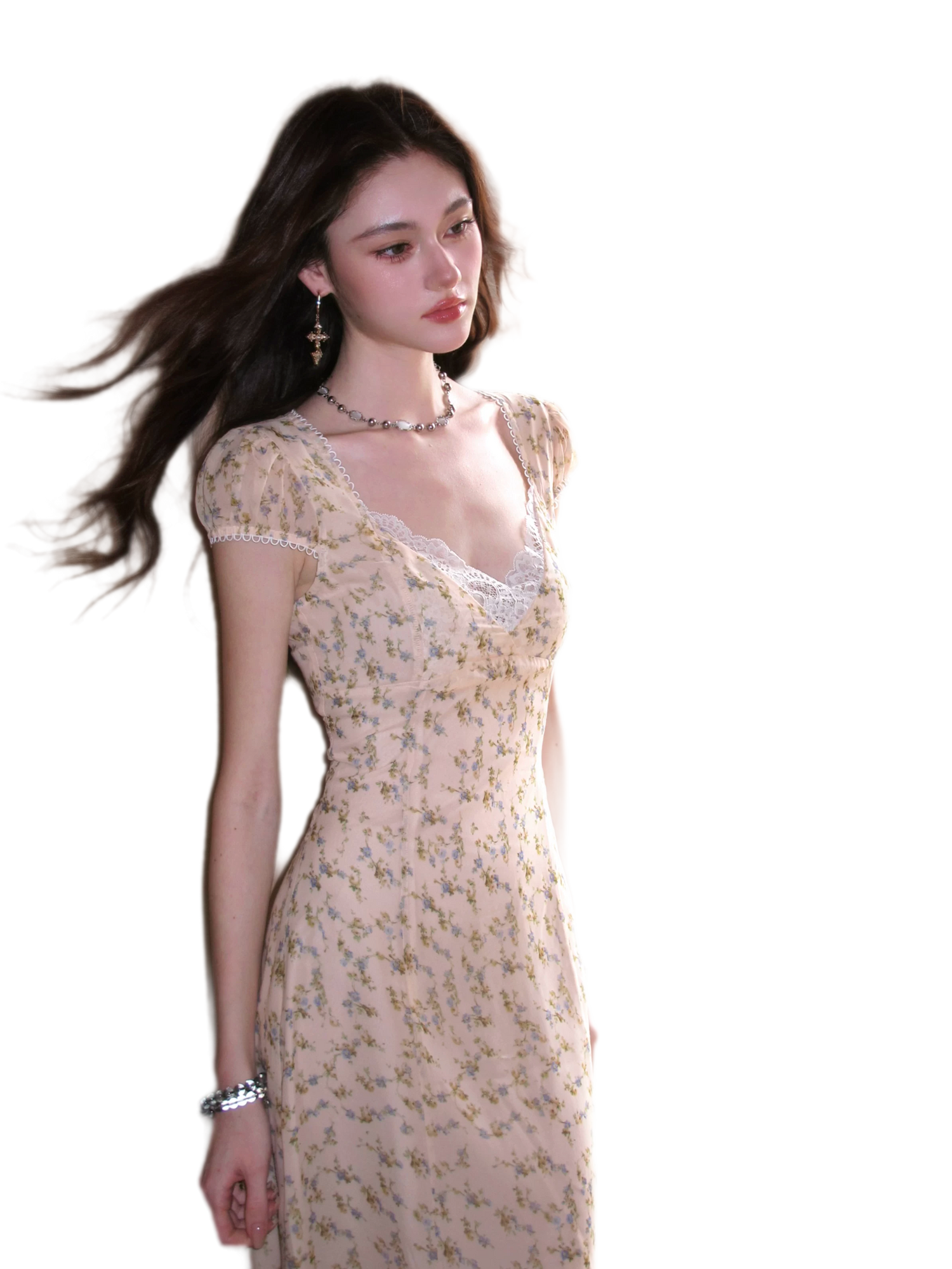 Lace V-Neck Long Dress