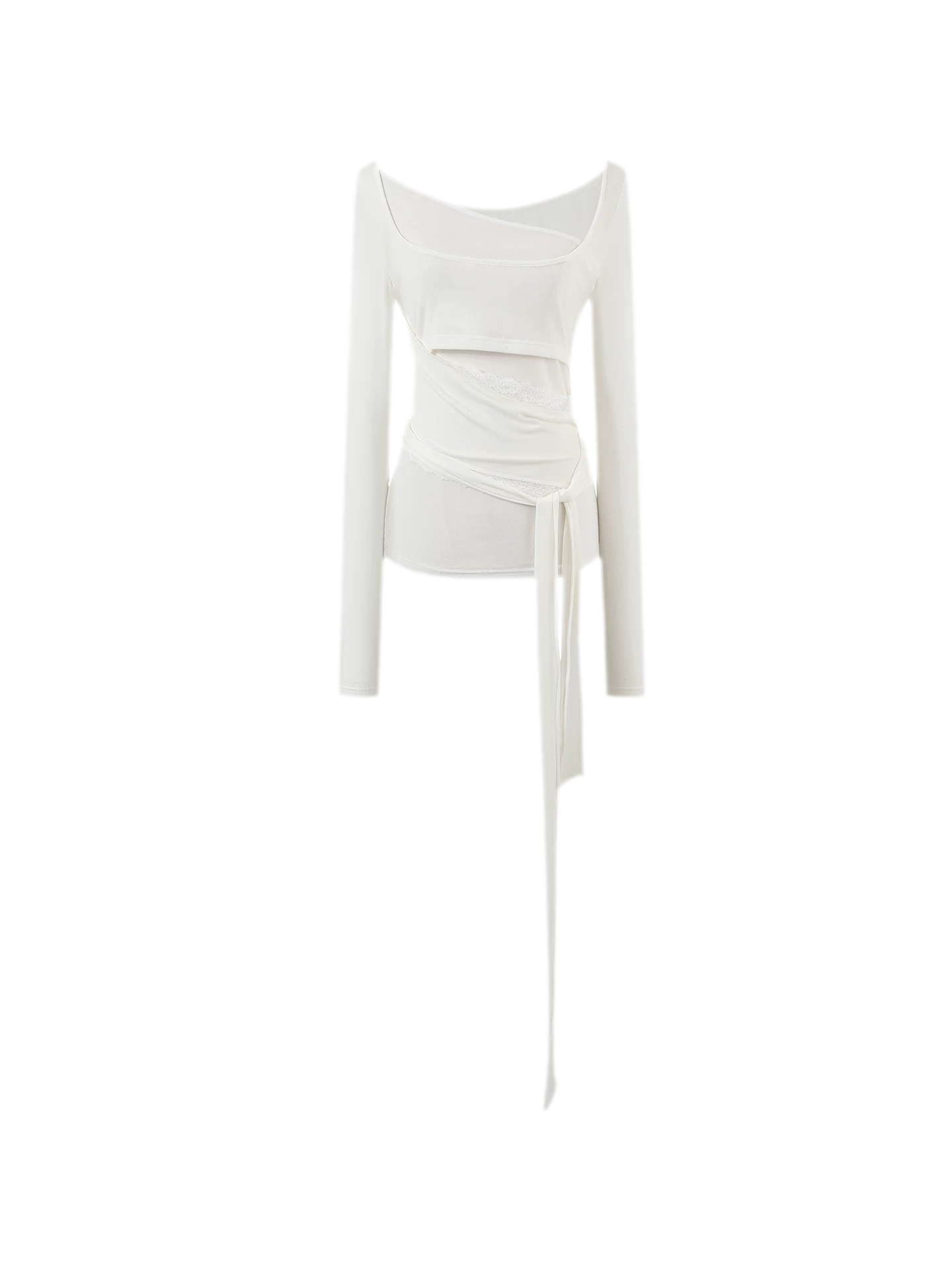 Ruched Sheer Crossover Long-Sleeve Top