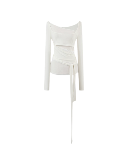 Ruched Sheer Crossover Long-Sleeve Top