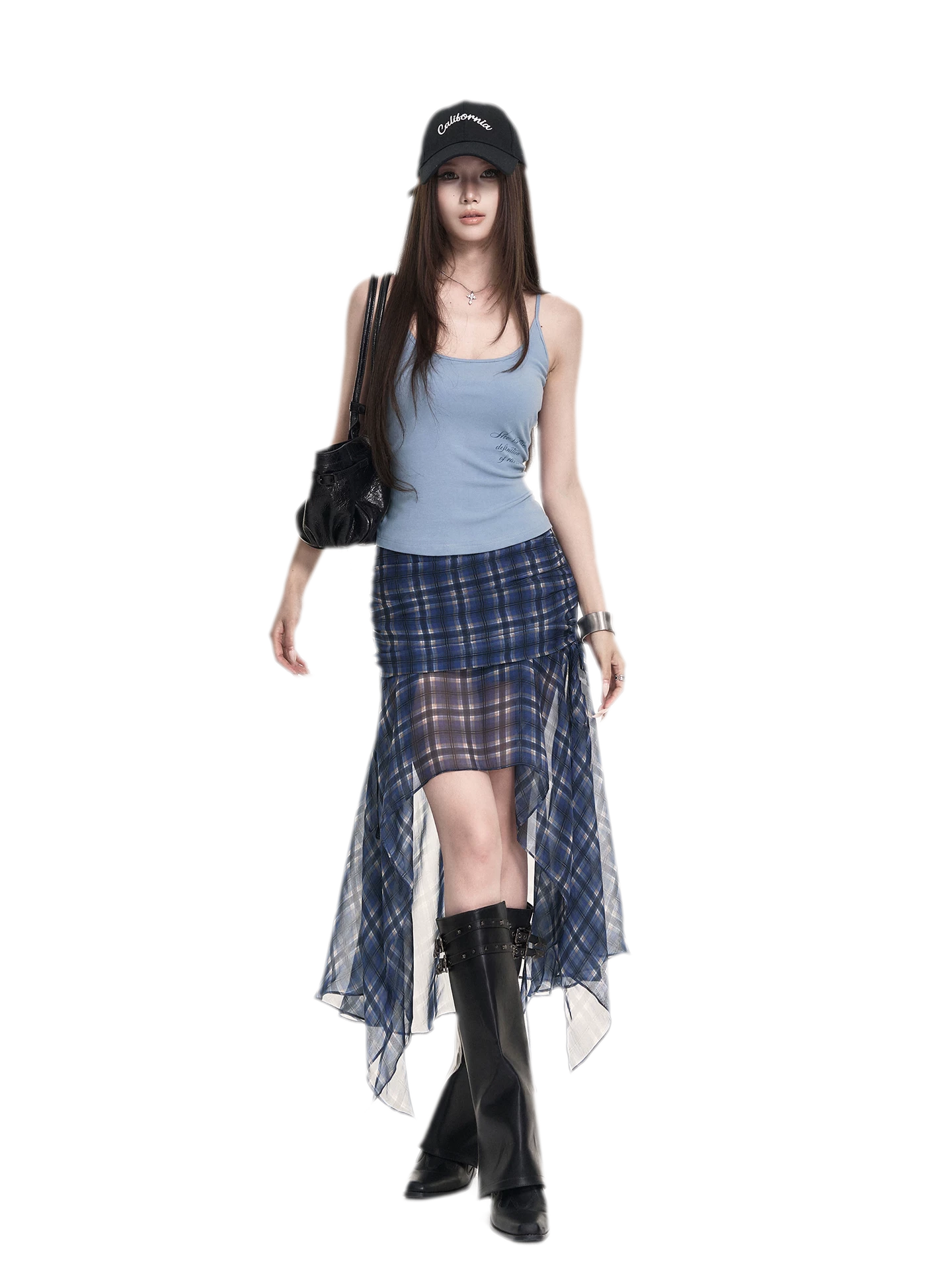 Blue Plaid Chiffon Skirt