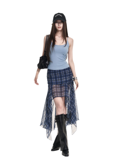 Blue Plaid Chiffon Skirt
