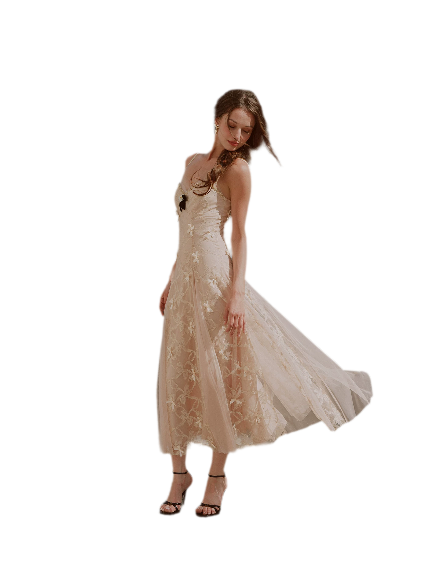 Embroidered Bow Mesh Dress