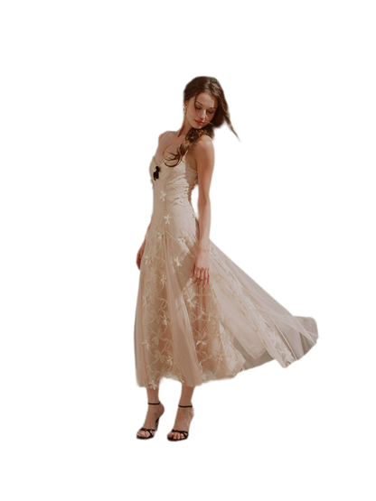 Embroidered Bow Mesh Dress