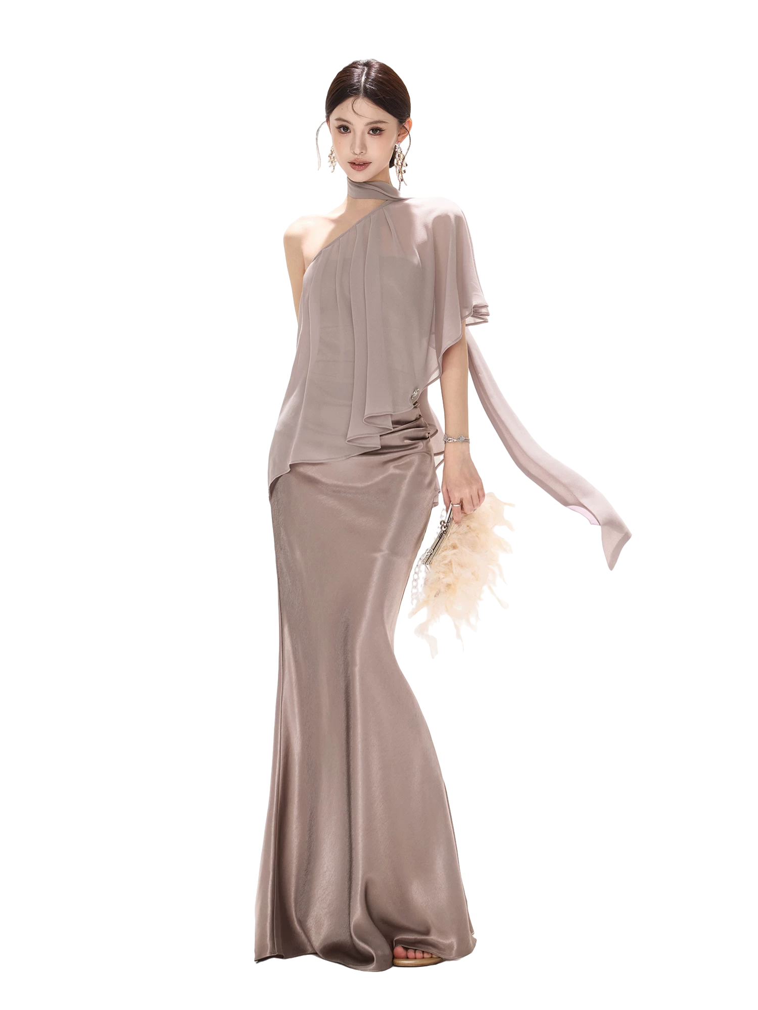 Elegant Asymmetric Chiffon Shawl Top with Built-in Bustier