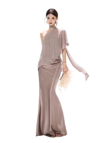 Elegant Asymmetric Chiffon Shawl Top with Built-in Bustier