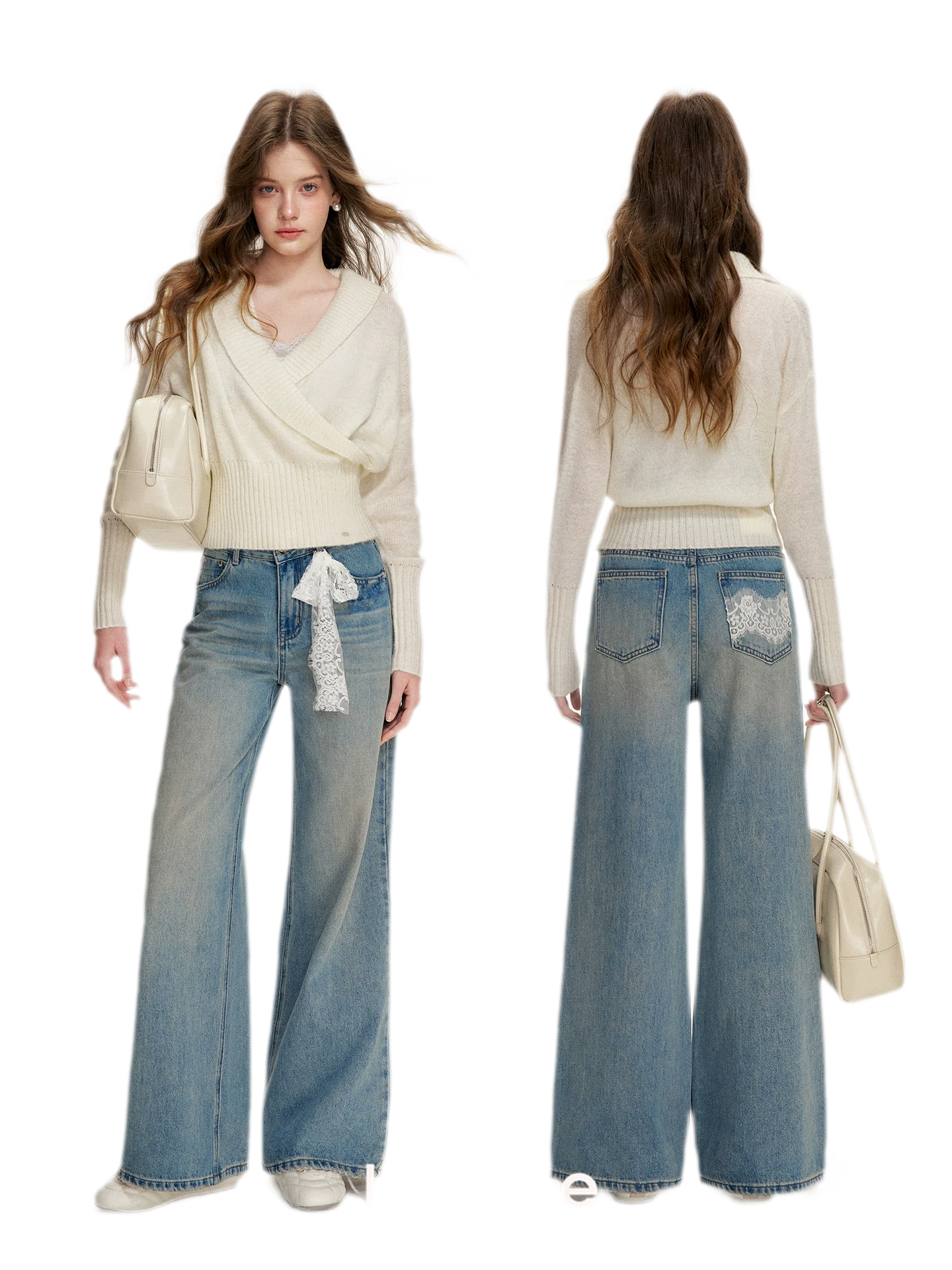 Lace-Trimmed Wide-Leg Denim Pants