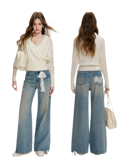 Lace-Trimmed Wide-Leg Denim Pants