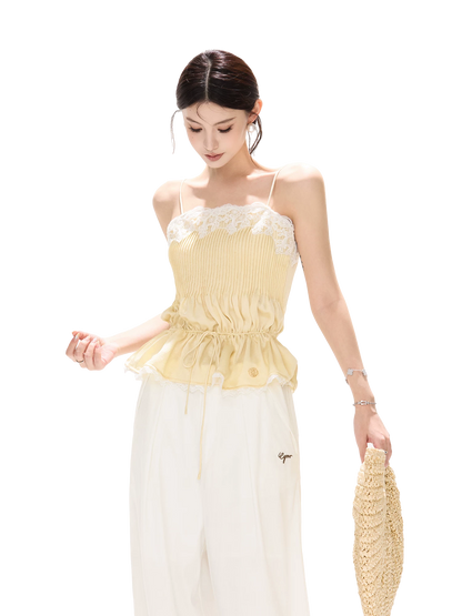 South France Holiday Lace Trim Waist-Cinched Camisole