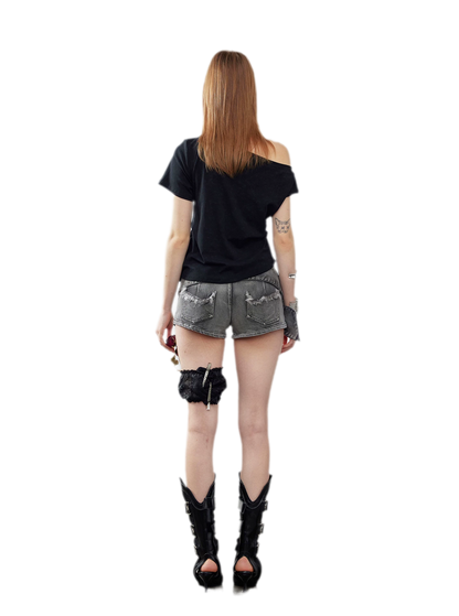 Washed Denim Asymmetrical Shorts