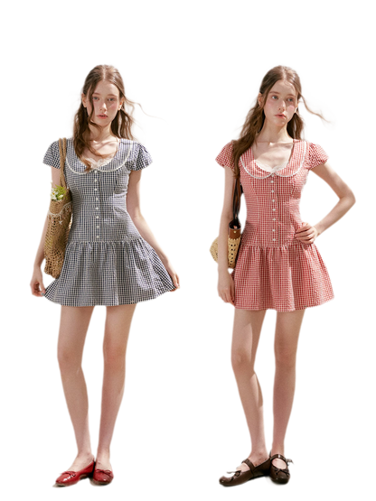 Tencel Cotton Lace Vintage Plaid Short Sleeve Dress