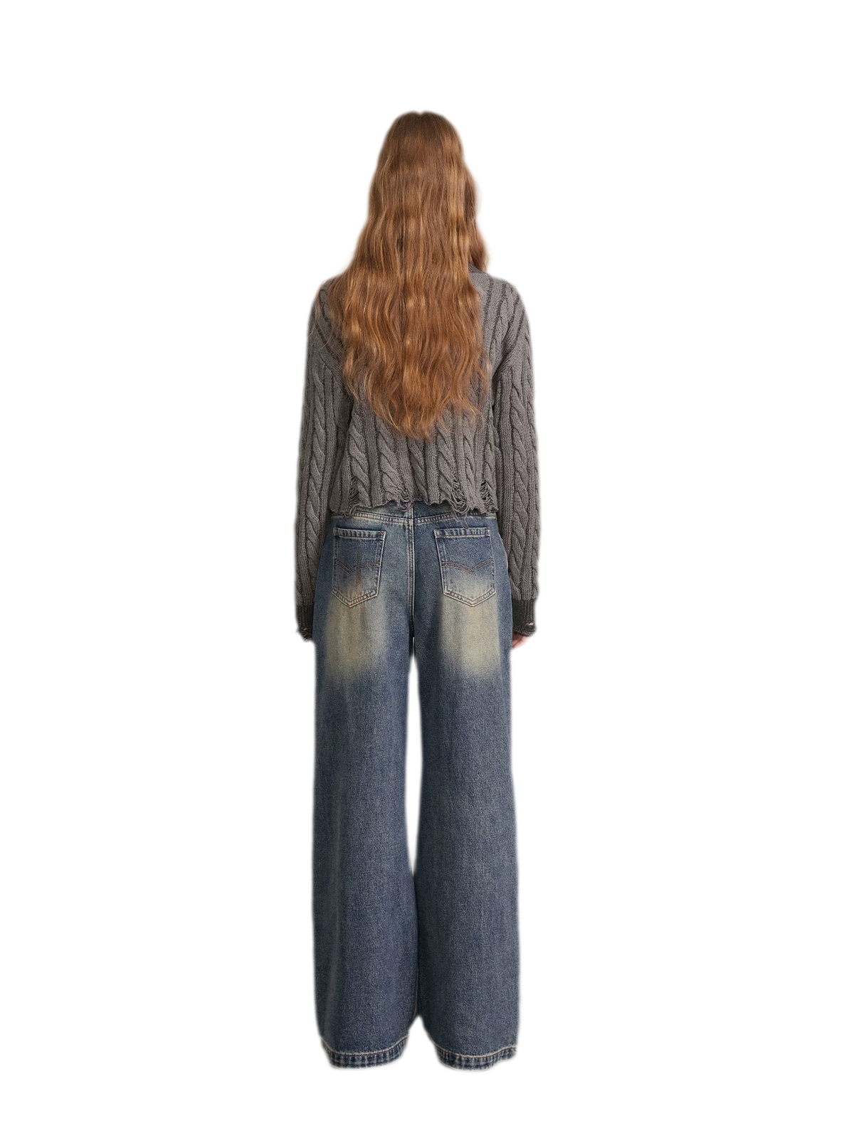 Distressed Cable Knit V-Neck Sweater
