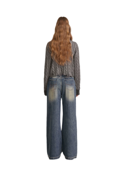 Distressed Cable Knit V-Neck Sweater