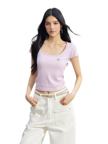 Candy Color U-Neck Short Sleeve T-Shirt