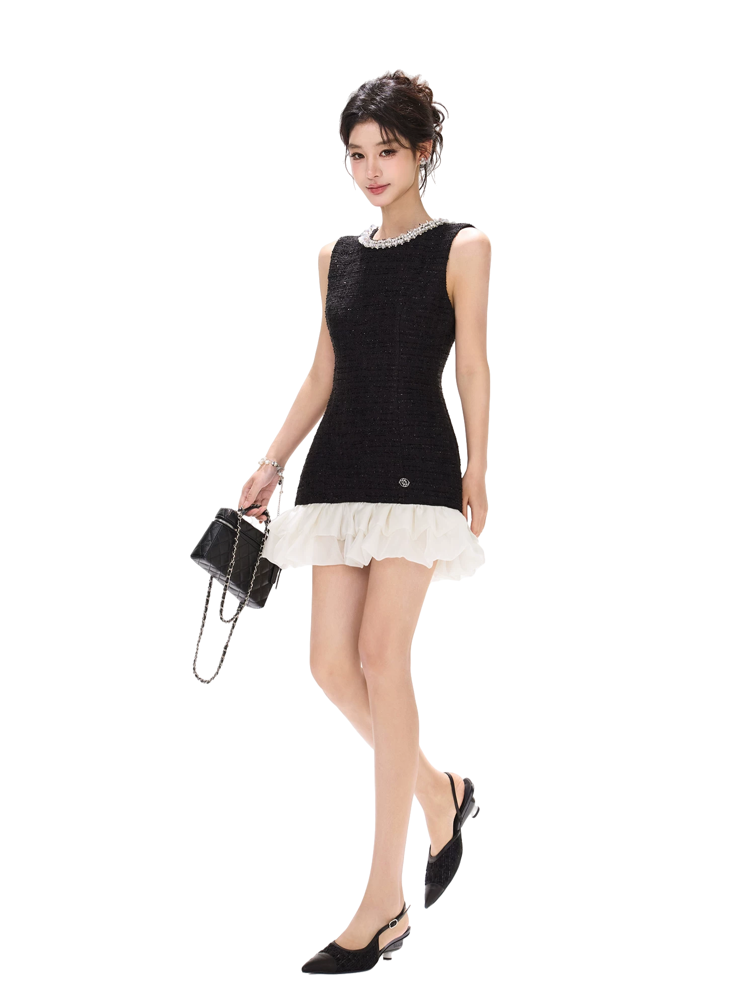 Diamond Neckline Ruffled Sleeveless Waist-Cinching Dress