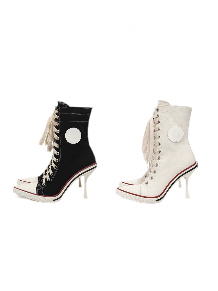 Canvas Lace-Up High-Heel Boots