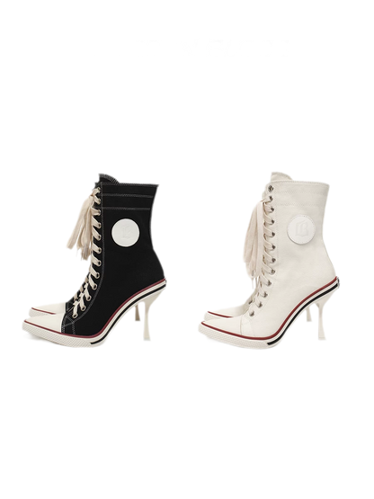 Canvas Lace-Up High-Heel Boots