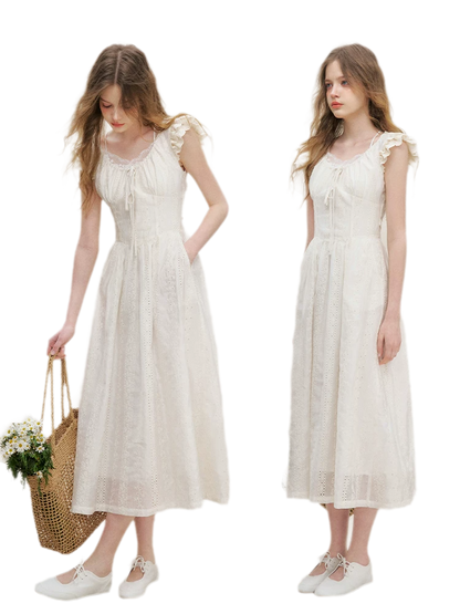 Embroidered Flutter Sleeve Dress
