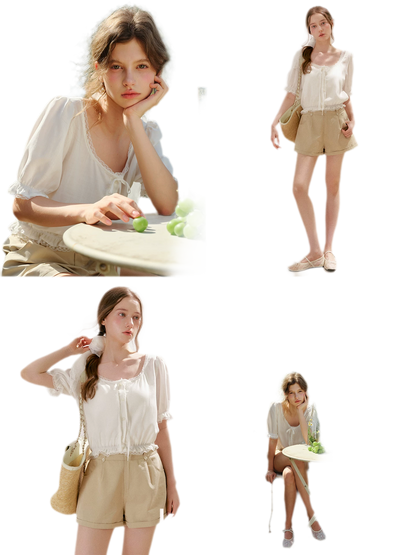 Lace Trim Puff Sleeve T-Shirt