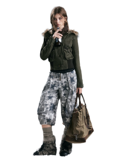 Washed Quilted Fur-Trim Hooded Jacket
