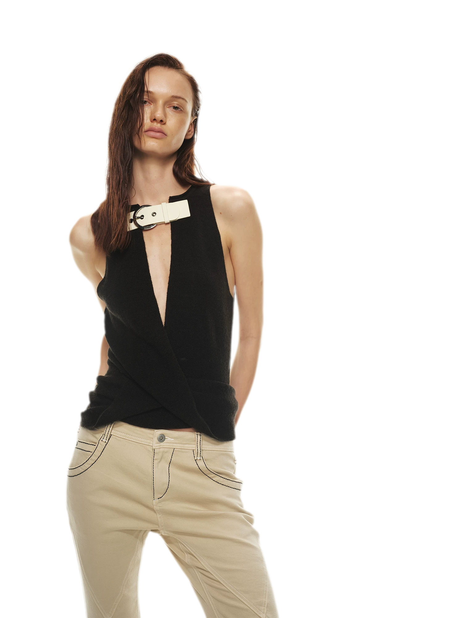 Stylish Patchwork Leather Buckle V-Neck Sweater Vest