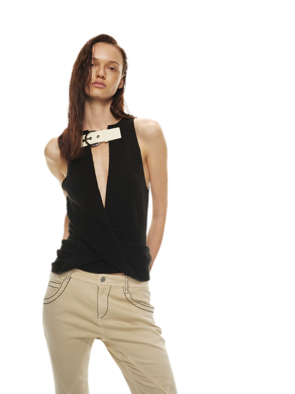 Stylish Patchwork Leather Buckle V-Neck Sweater Vest