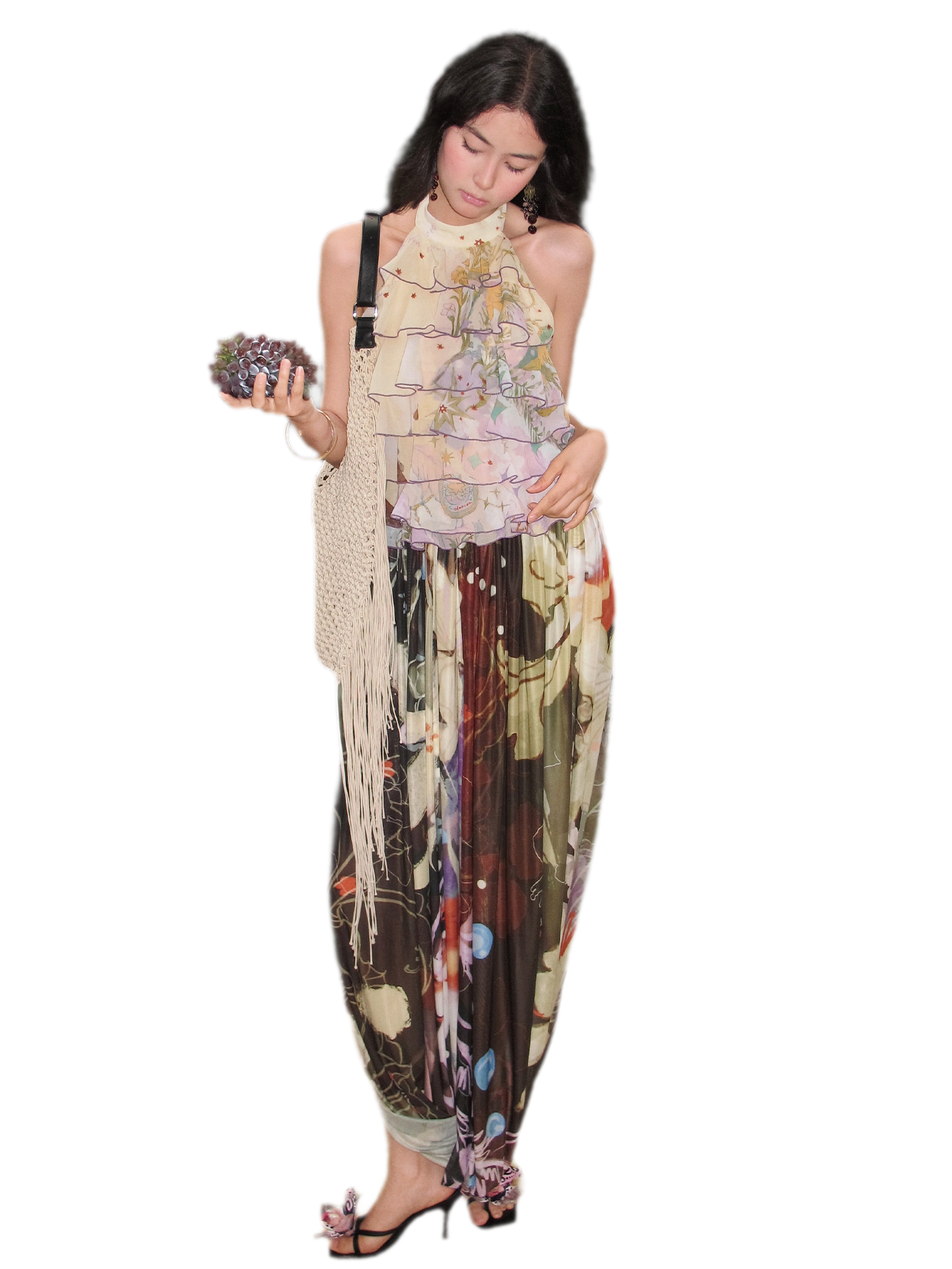 Printed Twist Mesh Long Skirt