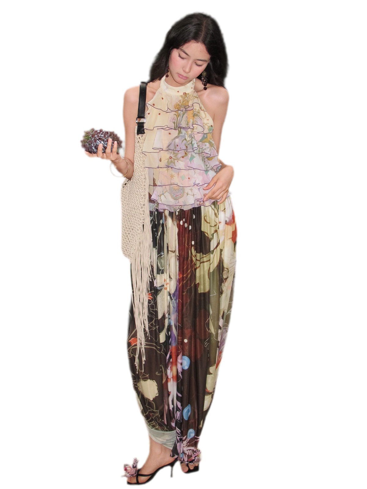 Printed Twist Mesh Long Skirt