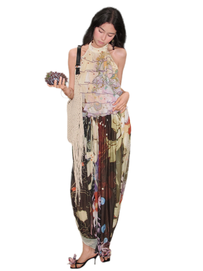 Printed Twist Mesh Long Skirt