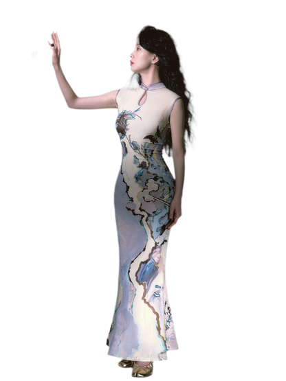 Roman Poem Printed Sleeveless Qipao Dress