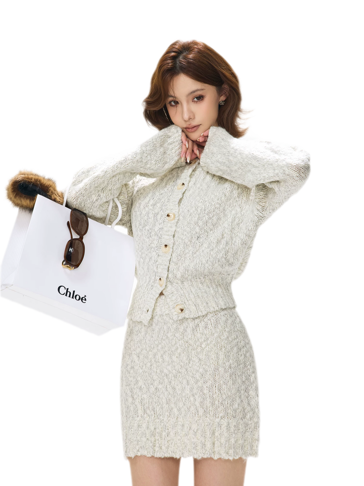 Fluffy Wool Knit Cardigan Set