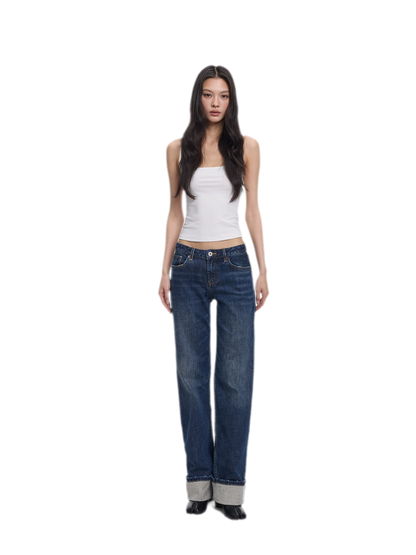 Jean droit à revers taille mi-basse