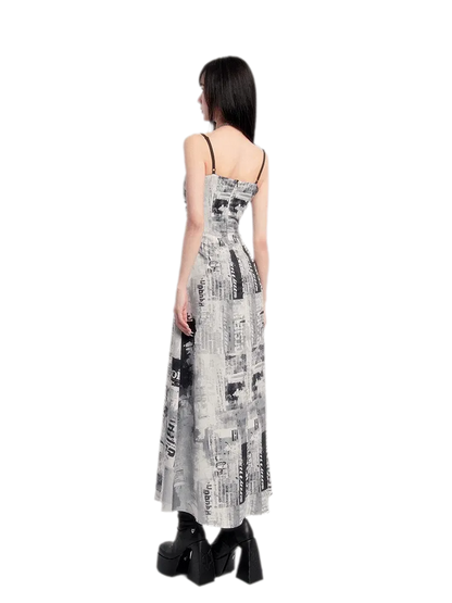 Newspaper Print Ruched Maxi Dress