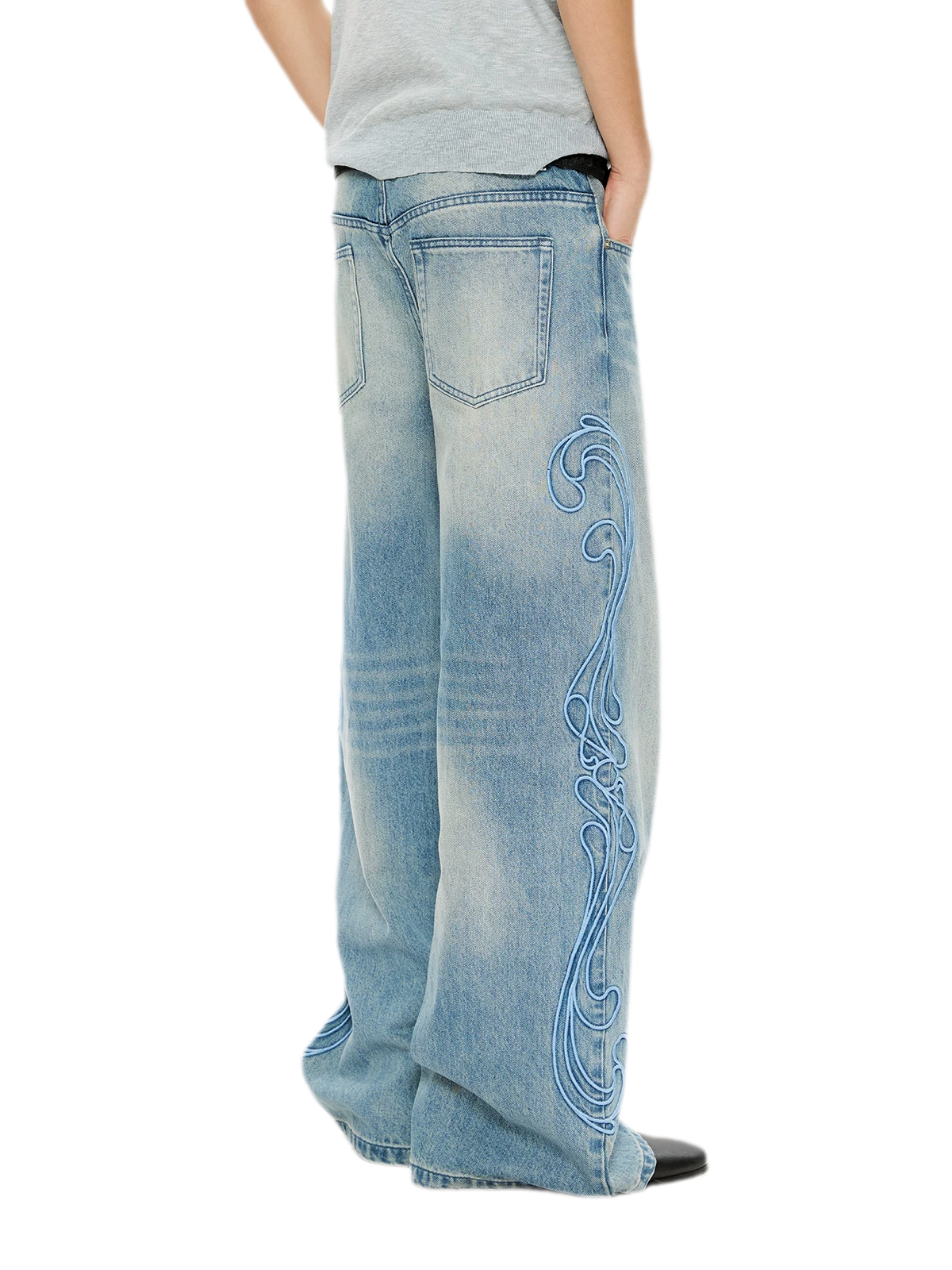 Washed Embroidered Wide-Leg Jeans