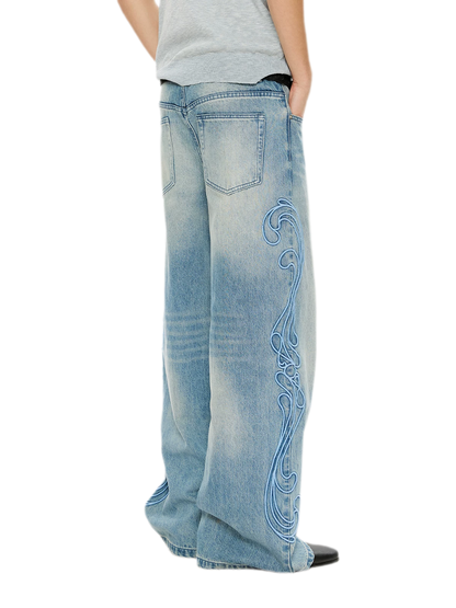 Washed Embroidered Wide-Leg Jeans