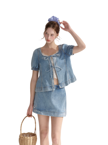 Floral Embroidered Tie Denim Top &amp; Skort Set