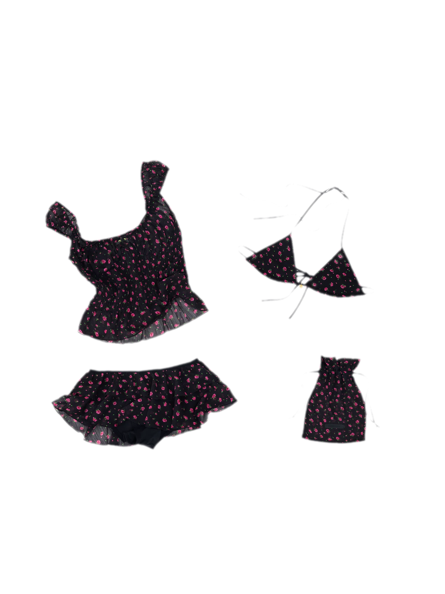 Black Floral U-Neck Three-Piece Bikini Set