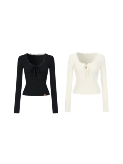 Ribbed Lace Tie Knit Top