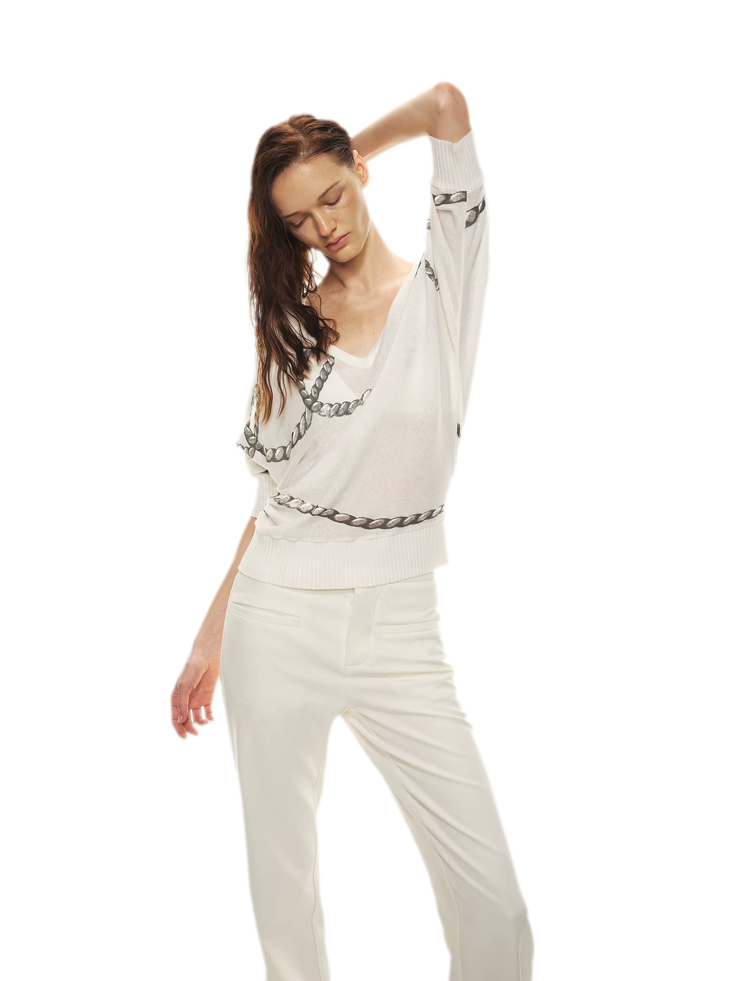 Sheer Asymmetric Chain Print Pullover Top
