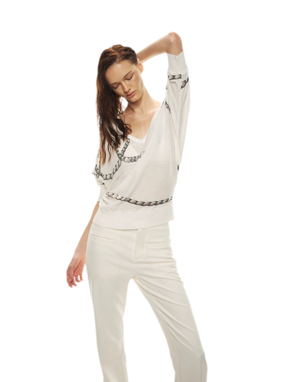 Sheer Asymmetric Chain Print Pullover Top