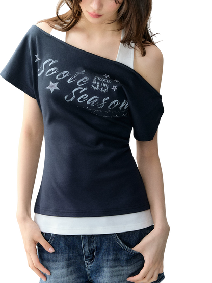 Vintage American Style Printed Off-Shoulder Cropped T-shirt