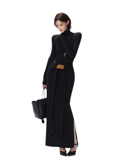 Turtleneck Ruched Waist Knit Dress