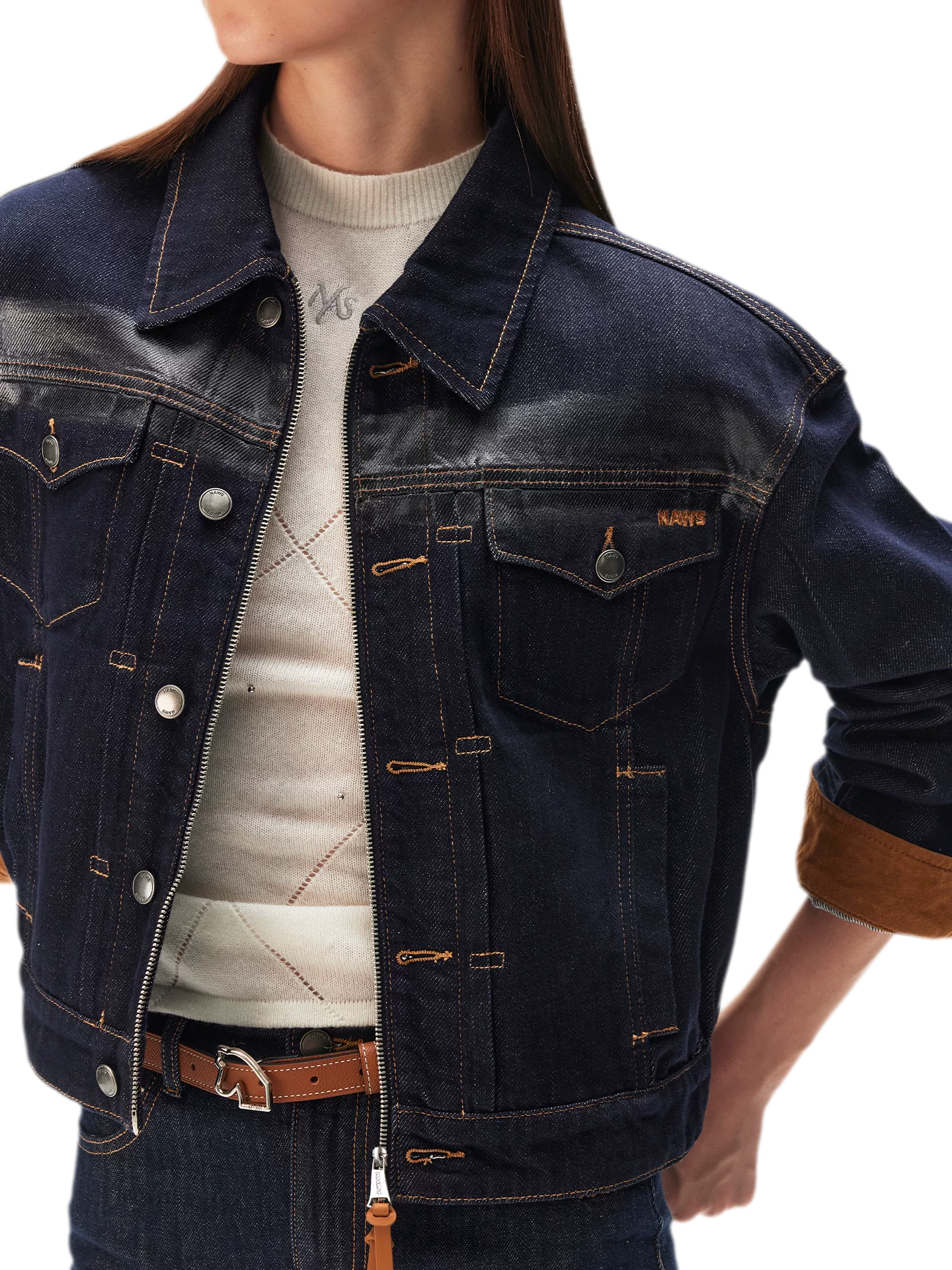 Suede-Patch Coated Denim Jacket