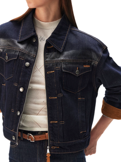 Suede-Patch Coated Denim Jacket