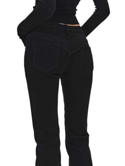 Stylish Quilted Rhinestone Mid-Low Waist Black Slim Flared