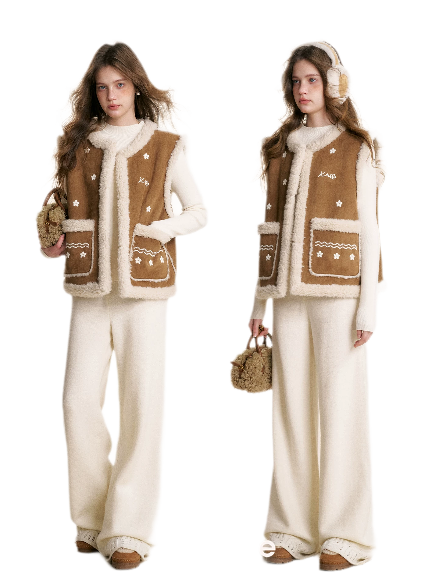 Shearling Floral Embroidered Vest