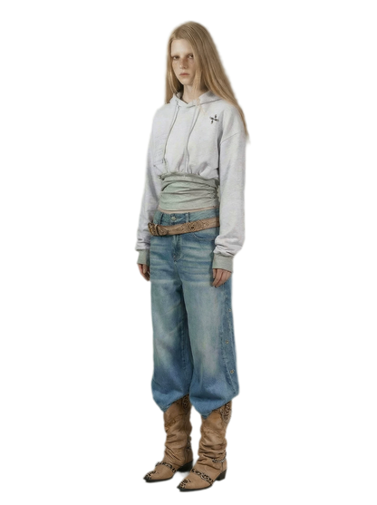 Printed Cinched Cropped Hoodie