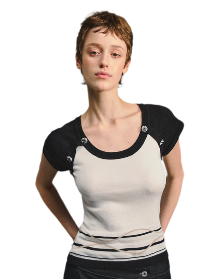 Color Block U-Neck Short Sleeve T-Shirt